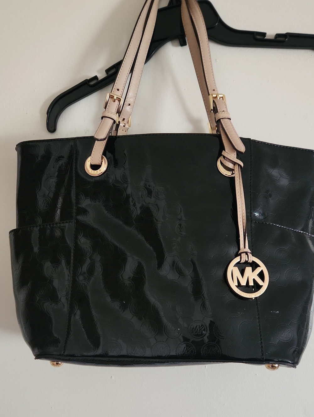 Michael Kors Black Patent Tote with Beige Straps and Gold Accents
